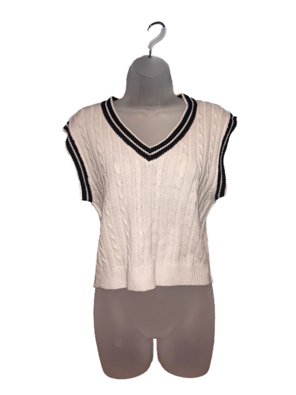 Sugar White Cable Knit V-Neck Sweater Vest with Black Trim